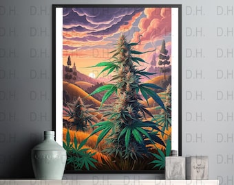 Cannabisthema svg, png digitale poster, Sunset Field Art Print, Boho Wall Decor, marihuana woondecoratie, digitale download