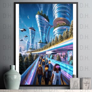 Futurystyczne Miasto Sztuka, svg, png Cyfrowe Pobieranie Plakatu, Sci-Fi Miejski Krajobraz, Neonowe Światła, Nowoczesna Architektura, Cyberpunkowa Dekoracja Ścienna