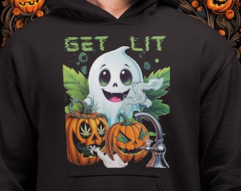 Get Lit Halloween Hoodie: Funny Pothead Pumpkin Champion Sweatshirt