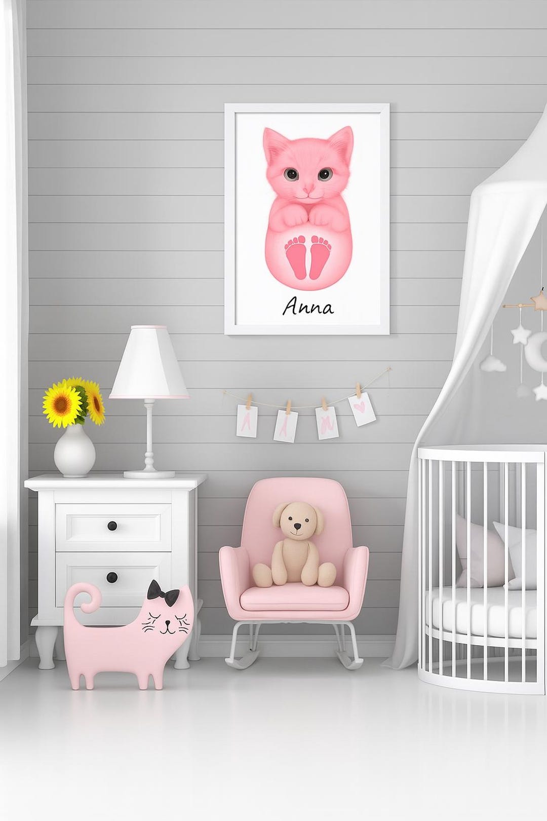 Personalized Pink Kitten Baby Footprint Wall Art – Custom Name Nursery ...