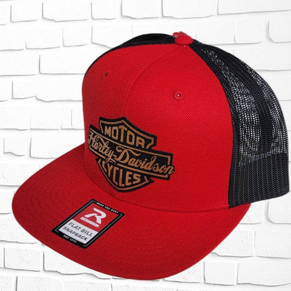 Harley Davidson Copper Leather Patch Hat - Red/Black Flat Bill Snapback, Unique Biker Gear, Perfect Gift, Stand out and show off a little!