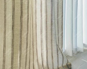 Linen Textured Curtain, Rustic Semi-Blackout Balcony Drapes,Strip Patten Window Treatments