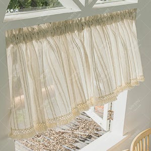 Japanese Stripe Cafe Curtain, Boho Tassel Half Valance, Cotton Crochet Trim Window Treatment, Kitchen Balcony Short Curtain, Rod Pocket