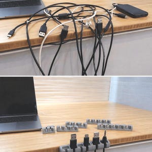 May include: A before-and-after image shows a desk with tangled cords and then organized with gray cable organizers. The organizers hold various USB and charging cables, creating a tidy workspace. A laptop and a smartphone are also visible.