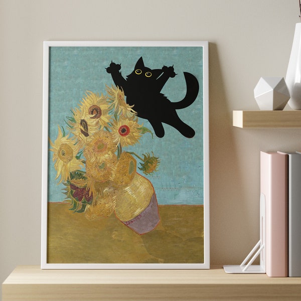 Cat Print Vincent Van Gogh, kwiaty Cat Print, plakat Van Gogh Cat, sztuka kota, kwiatowy nadruk, zabawny nadruk kota, zabawny prezent, plakat Vintage Cat