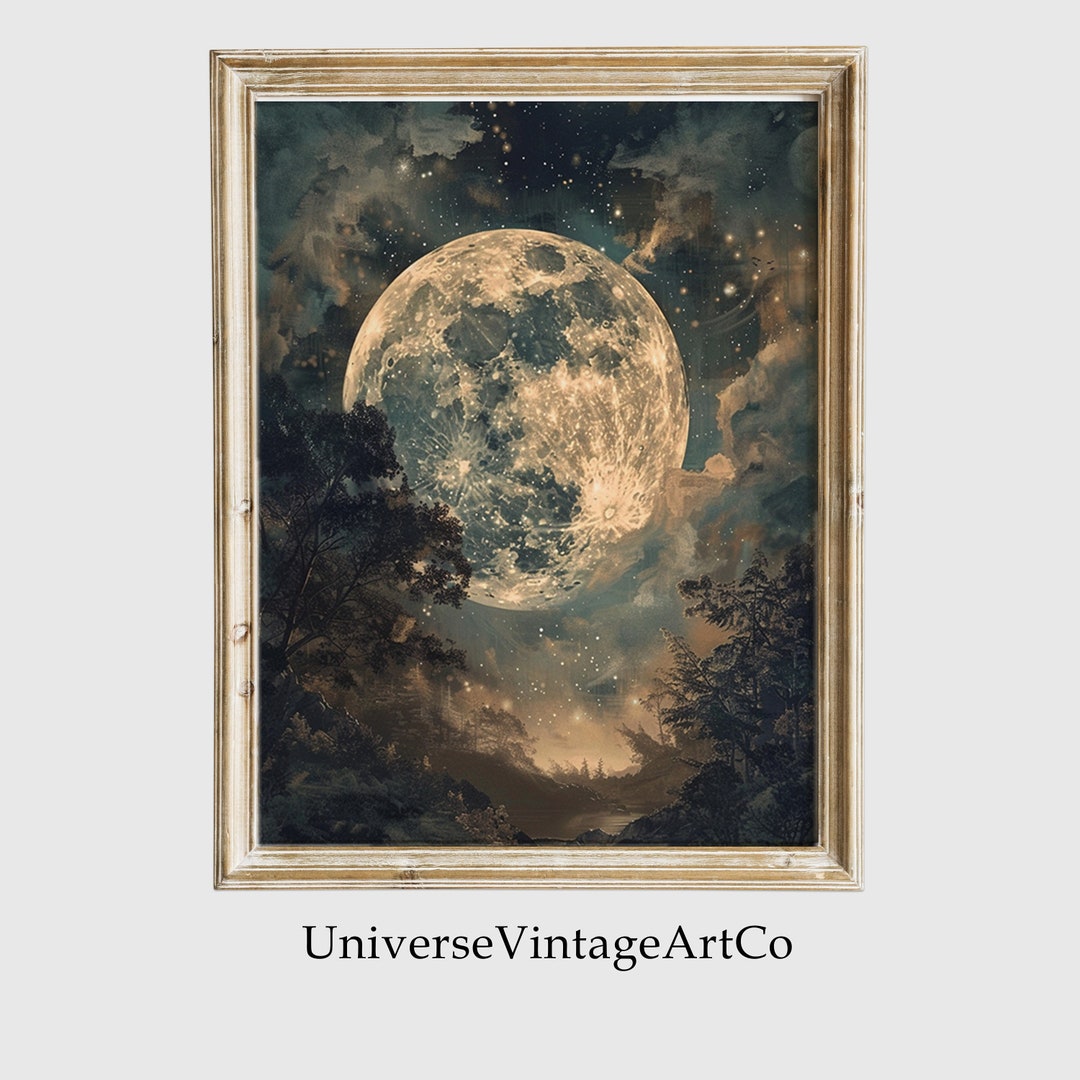 Vintage Dark Academia Moon Art Print Celestial Night Sky Painting for ...