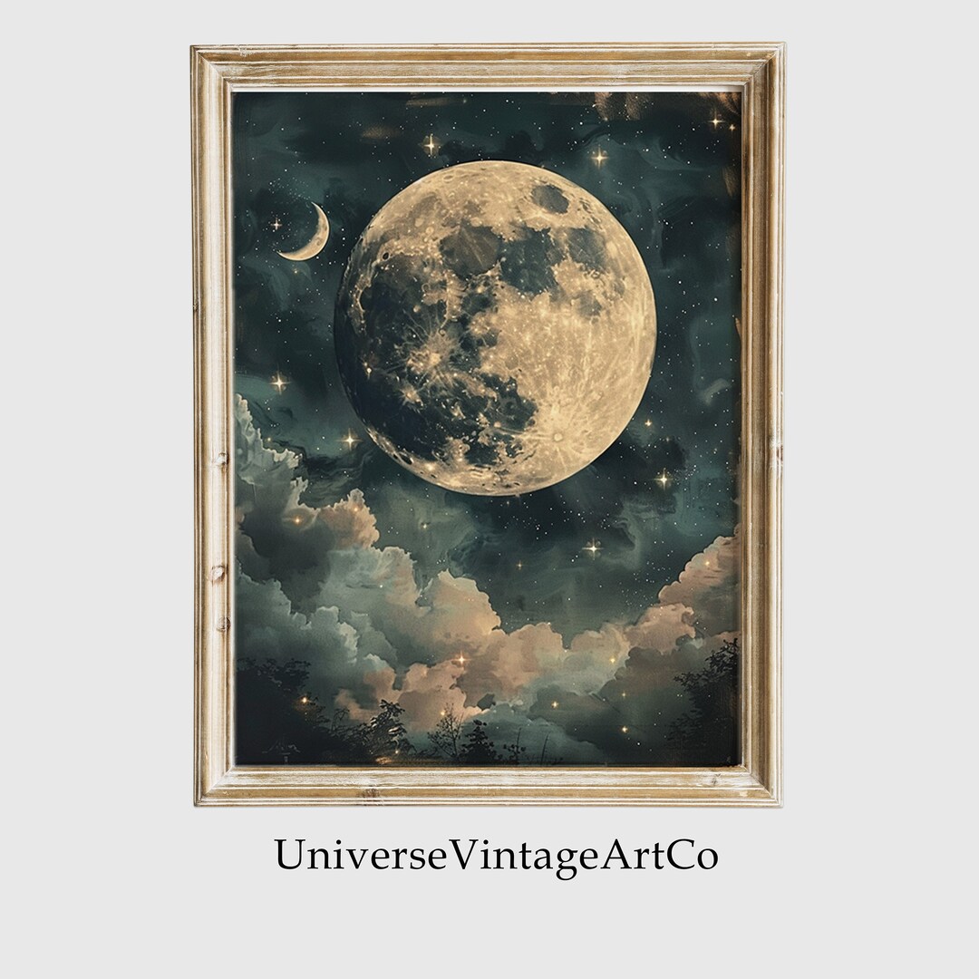 Vintage Dark Academia Moon Art Print Celestial Night Sky Painting for ...