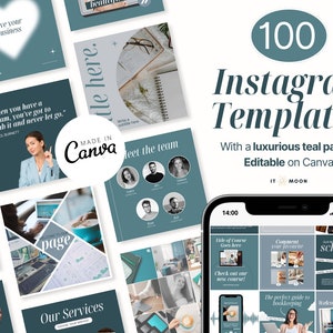 Könnte beinhalten: Eine Sammlung von 100 Instagram-Vorlagen mit einer teal-farbenen Farbpalette. Die Vorlagen sind auf Canva bearbeitbar und enthalten verschiedene Designs, darunter Zitate, Geschäftswerbung und Serviceankündigungen. Ein Smartphone zeigt ein Beispiel für eine Vorlage.