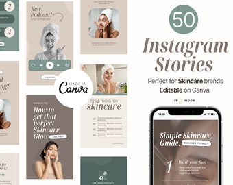 50 plantillas de historias de Instagram sobre cuidado de la piel / Plantillas de historias de Instagram sobre belleza / Historias de Instagram de esteticistas / Plantillas Canva / ITM001