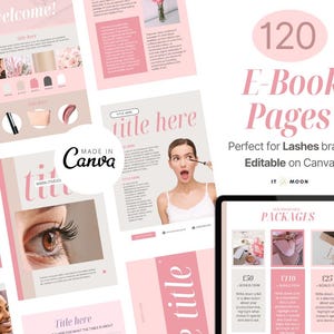 Könnte beinhalten: Ein rosa-weißes digitales Produkt-Mockup mit dem Text "120 E-Book Seiten" und "Perfekt für Wimpernmarken Bearbeitbar auf Canva". Das Mockup zeigt ein Tablet mit einem rosa-weißen Design und dem Text "PACKAGES" auf dem Bildschirm. Das Tablet ist von rosa-weißen Grafiken umgeben.