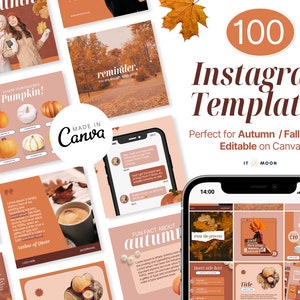 Può includere: Una collezione di 100 modelli di Instagram con temi autunnali. I modelli sono modificabili in Canva e presentano immagini di zucche, foglie e altri elementi autunnali. Il testo "100 modelli Instagram" è visualizzato in grandi caratteri grassetto nella parte superiore dell'immagine. Il testo "Perfetto per la stagione autunnale" è visualizzato sotto il titolo. Il testo "Modificabile su Canva" è visualizzato sotto il sottotitolo. Il testo "IT MOON" è visualizzato nell'angolo in basso a destra dell'immagine.