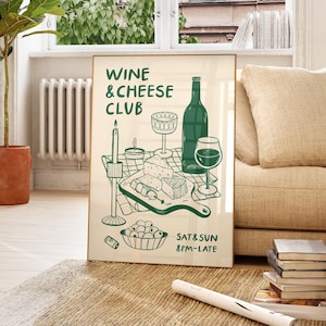 Lámina digital del Club de Vinos y Quesos, Arte imprimible para la cocina, Ilustración moderna de vino y queso para la cocina, Arte para la pared del comedor