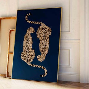 Marinblå gepardtryck retro leopard djungelväggkonst, jaguar digital nedladdning utskrivbar tigerkonst, gepardposter vardagsrum boho väggkonst