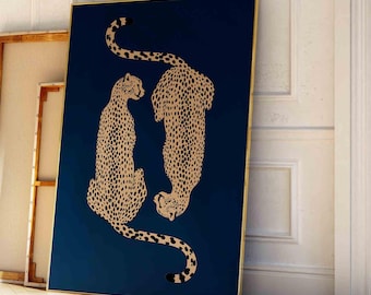 Navy blue Cheetah Print Retro Leopard Jungle Wall Art, jaguar Digital Download printable tiger art, cheetah poster living room boho wall art