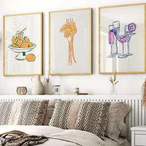 Kitchen decor Set of 3 prints, Lemons in a bowl, pasta on fork, cocktails, Kitchen wall art, digital download, beige green yellow pink blue