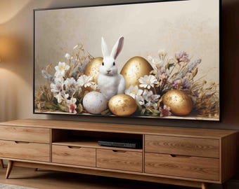 Easter Bunny Samsung Frame TV Art, bunny with gold eggs, 4k frame tv, Digital Download, digital art, easter tv art, golden eggs and flowers