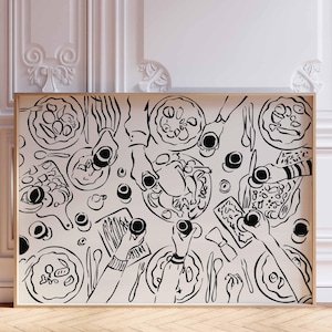 Impresión de fiesta en la mesa del comedor, arte de cocina retro, arte de pared grande imprimible, arte de comedor, impresión de mesa de comedor, arte de pared de cocina de fiesta de comida