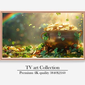 May include: A gold pot overflowing with gold coins sits in a lush green forest setting. The pot is surrounded by shamrocks and a rainbow shines in the background.