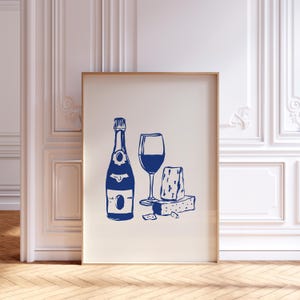 Print wijn en kaas, kunst aan de muur blauwe wijn en kaas, wijnposter, dinerprint, keukendecor, keukenposter, esthetisch keukendecor