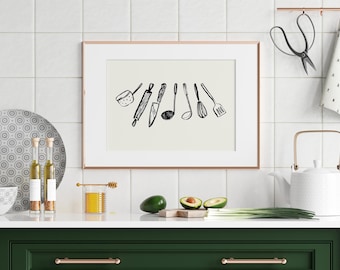 Utensils Kitchen Print, Black and Beige Kitchen Decor, Digital Download, printable kitchen print, kitchen wall art, cooking tools, chef