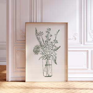 Blumenstrauß grün im Vase Druck, botanischer Druck, Blumenwandkunst, Blumenstrauß 14 Trendy Vase Poster, retro handgezeichnete Blumen Vasendruck