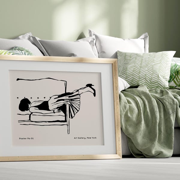 Funny tired print, Woman Sleeping on sofa Art Print, Horizontal living room Art, Above Bed poster, REST black in beige, digital download