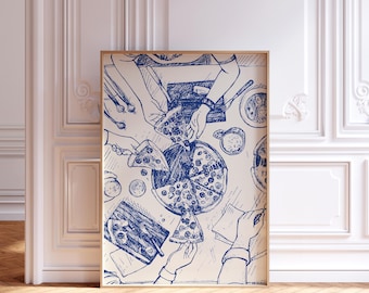 Impresión de fiesta de pizza en la mesa del comedor, arte de pared de cena azul beige, arte de pared de cocina, mesa de comedor retro, decoración de apartamento, arte de pared de comedor