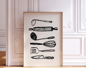 Black Kitchen Utensils Print, Modern Foodie Wall Art, Digital Download, Black trendy Kitchen Decor, Gift for Cook, Foodie Art Poster