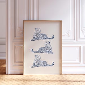 Navy Blue cheetah on beige print preppy aesthetic wall art leopard poster Preppy retro dorm room Decor Jungle Animal trendy dopamine decor