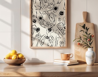 Kitchen art, Dinner Table party Print, black beige dinner poster, Kitchen Wall Art, Retro Dinner Table, Apartment Decor, Bar digital Art