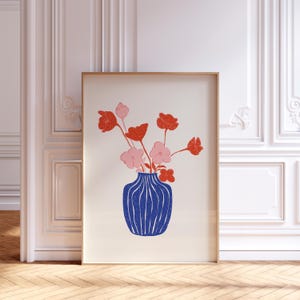 Blumenvase Druck, Botanischer Druck, Blumenwand Kunst, Blaue Vase, Geschenk für Freund, Zeichnung Druck, handgezeichnete abstrakte Kunst