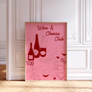 Print wijn en kaas, rode en roze muurkunst, wijnposter, dinerprint, keukendecor, keukenposter, esthetische keukendecor