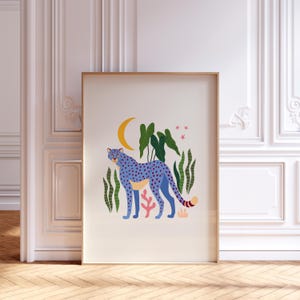 Blue Cheetah on beige print preppy aesthetic wall art leopard poster Preppy retro dorm room Decor Jungle Animal trendy dopamine decor