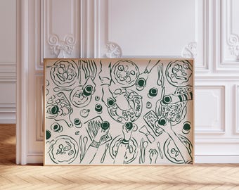 Dinner Table party Print, Horizontal Green beige dinner poster, Kitchen Wall Art, Retro Dinner Table, Apartment Decor, Bar Cart digital Art