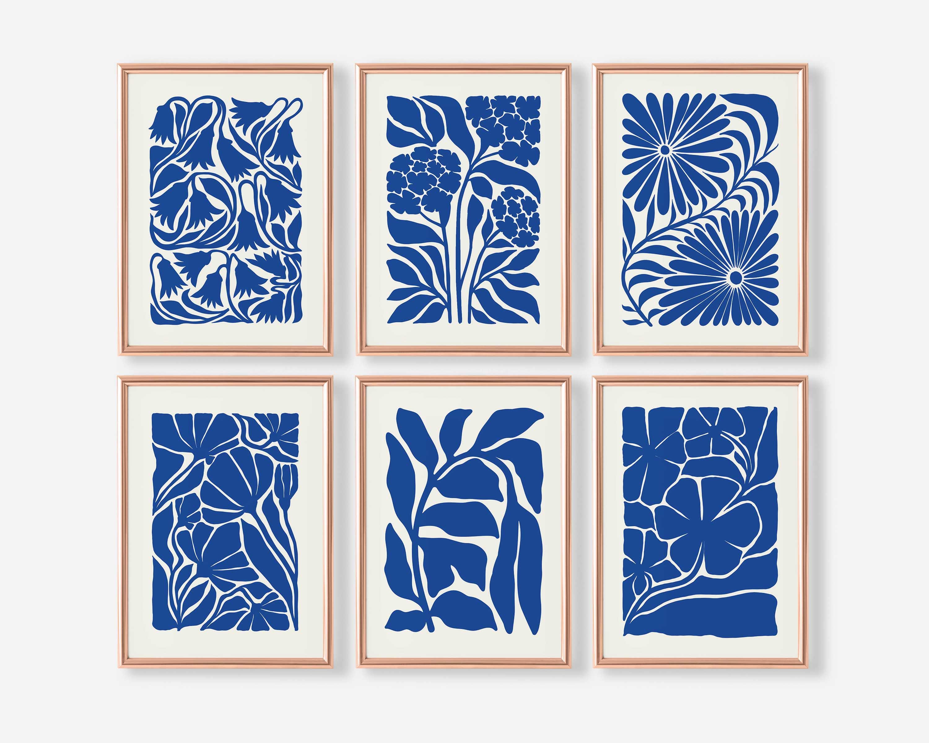 ネイビーブルーのボタニカルプリントセット：マティス風の抽象的な花