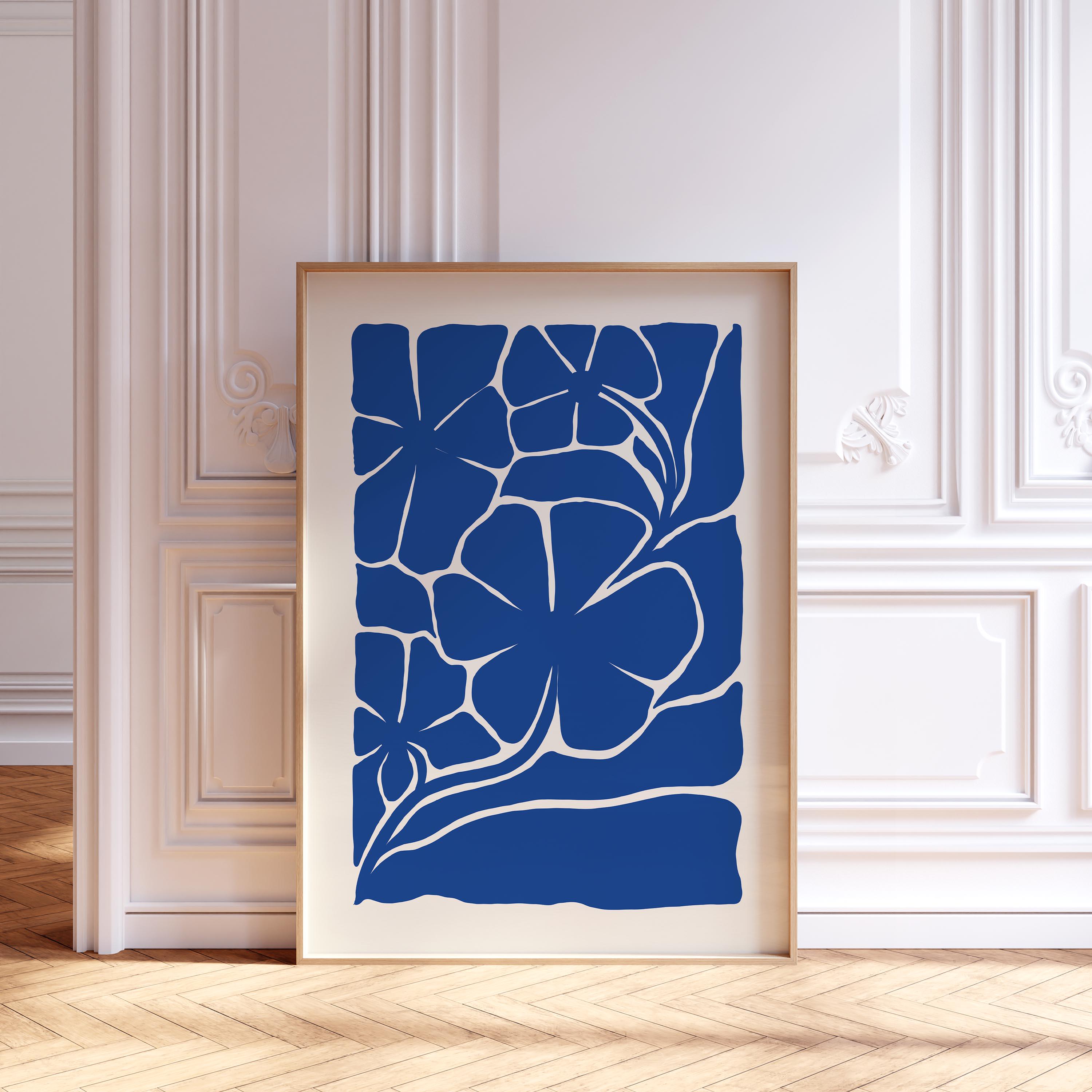 ネイビーブルーのボタニカルプリントセット：マティス風の抽象的な花