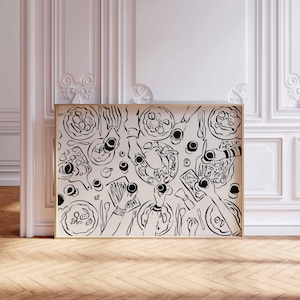 Dinner Table Party Print, zwartbeige diner muurkunst, keuken muurkunst, retro eettafel, appartementdecor, barwagen Art Print, retro eten