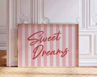 Sweet Dreams print, horizontal pink red beige bedroom Wall Art Above Bed Decor, Couples Gift Boyfriend Girlfriend Trendy cute bedroom poster