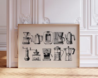 Aesthetic Kitchen Decor, coffee machines illustration, coffee art, coffee bar accessories, coffee decor, KITCHEN DECOR, Moka pot wall art