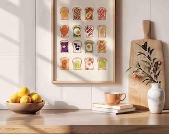 Impresión de desayuno tostado, impresiones de cocina retro, arte de pared de tostadas, decoración de cocina de moda, imprimible vintage, descarga digital, decoración de tostadas de aguacate