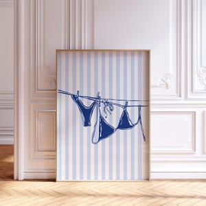 Blue Bikini Print stripes wall art, girly retro Poster, summer beachy wall art, Coastal preppy Decor, Endless Summer, Bikini on Clothesline