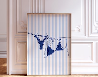 Blue Bikini Print stripes wall art, girly retro Poster, summer beachy wall art, Coastal preppy Decor, Endless Summer, Bikini on Clothesline