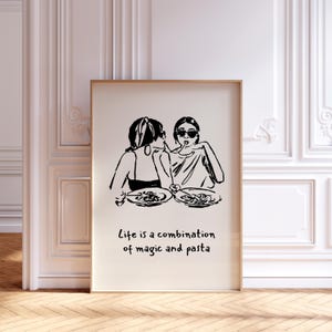 Dames eten pasta print, pasta keukenkunst, meisjes diner print, esthetische keuken decor, meidenavond, eten met vrienden, etentje