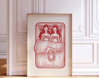 Impresión de sardinas de sirena, arte de latas de sardinas, arte de pared de cocina, arte retro de latas de comida, póster digital rojo beige, descarga digital para decoración de comedor