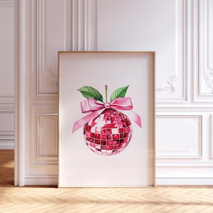 Pink disco ball bow print watercolor Pink cherry bow Girly Poster Dorm Room Bow Art preppy coquette decor mirror ball dopamine poster
