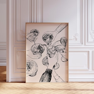 Cheers Bar Cart Print – Minimalistische zwart-witte muurkunst – Digitale download voor thuisbar en feestdecoratie