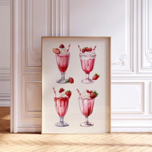 aardbeienmilkshakeprint, bakkerijdecor, shakes, keukenmuurkunst, digitale download van hoge kwaliteit, cafémuurkunst, dinerafdruk, milkshakebar