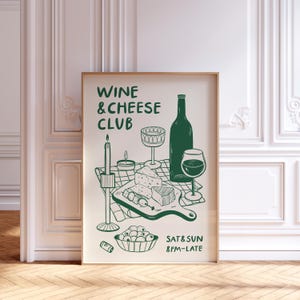 Plakat klubu wina i sera, plakat z jedzeniem i napojami, drukowana sztuka ścienna do kuchni, nowoczesny wystrój kuchni, wydruk z winem i serem, rysunek smakosza