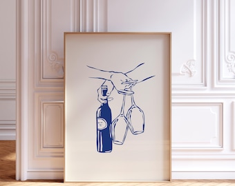 Navy blue Minimalist Wine and Glasses Line Art, Digital Download for Kitchen Wall Decor – Perfect Gift for Wine lover, printable wine doodle
