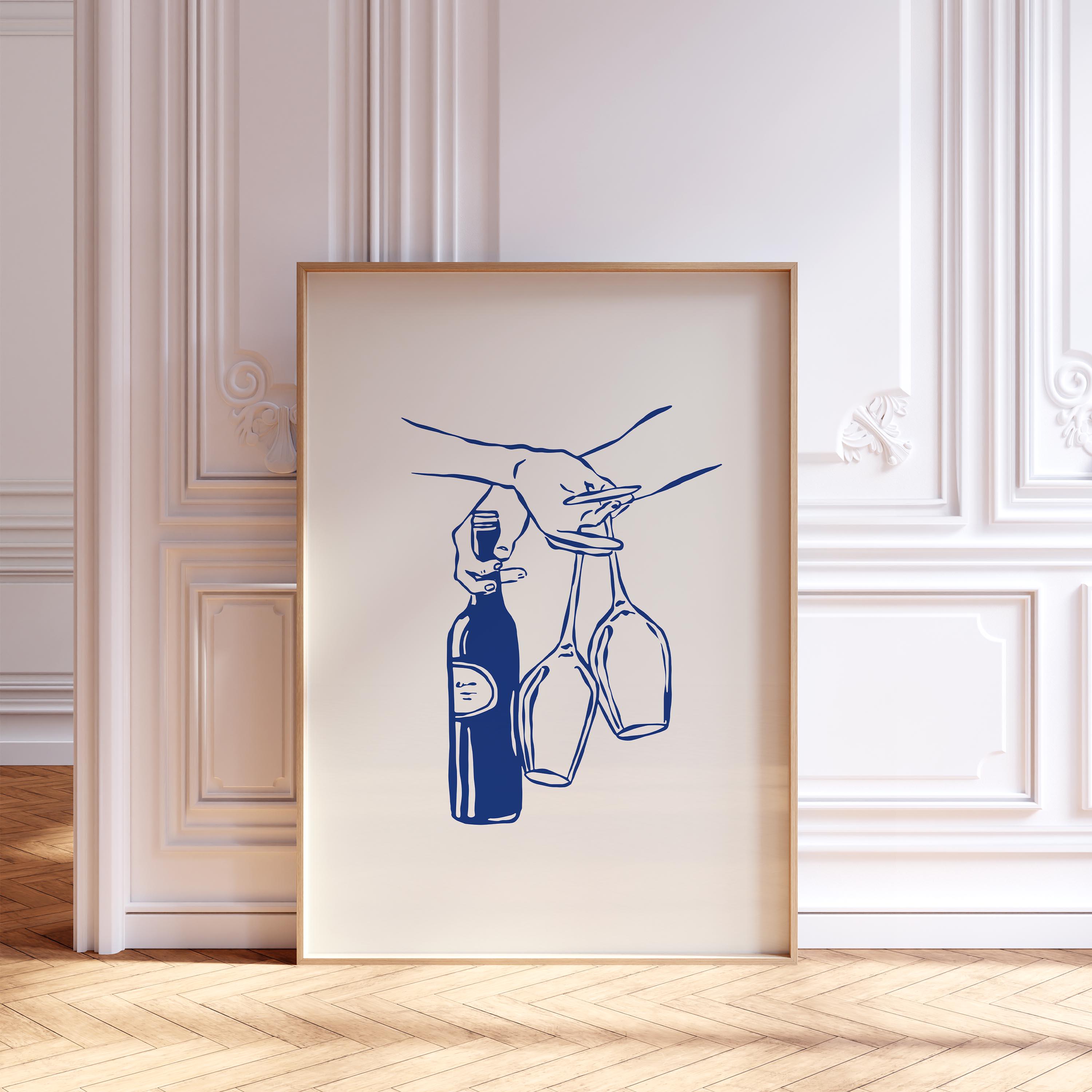 Navy blue Minimalist Wine and Glasses Line Art, Digital Download for Kitchen Wall Decor – Perfect Gift for Wine lover, printable wine doodle